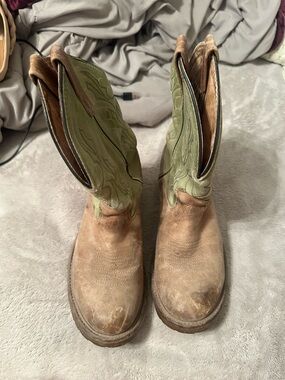 Double H Tan Suede Ladies Cowboy Boots with Olive Accents